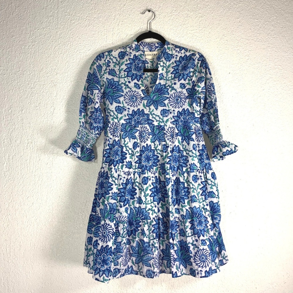 Sohana Blue Floral Block Print Cotton Tiered Mini Dress Smocked Sleeve‎ XS